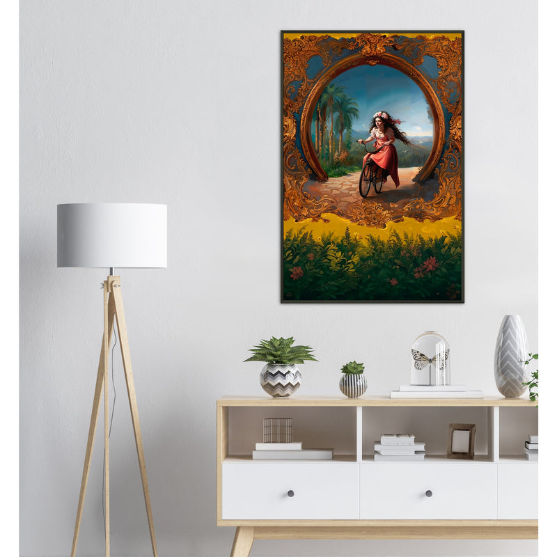 The Golden Ride – poster in aluminium lijst aan een pleisterwand met vloerlamp