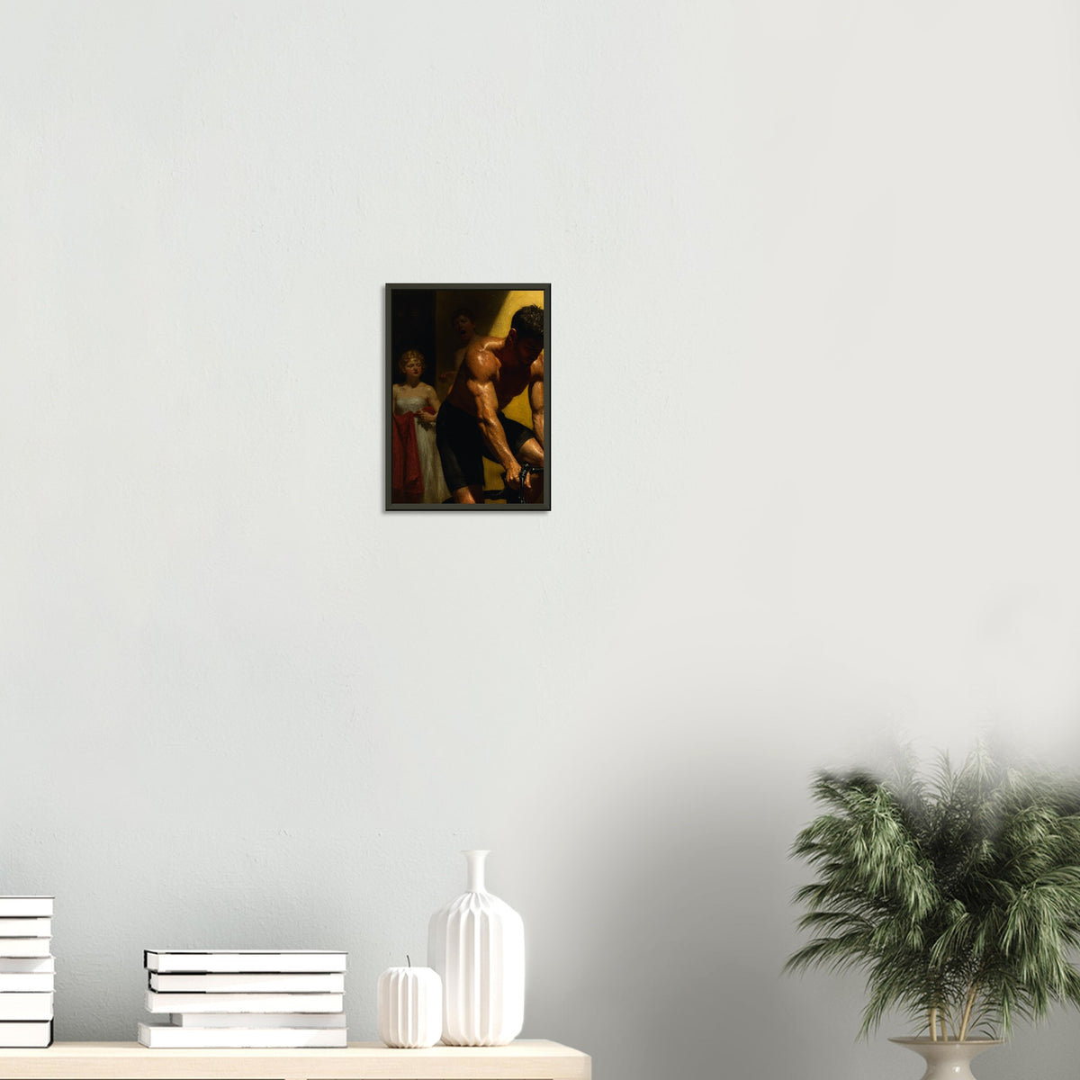 Holy Spin – poster in aluminium lijst boven een wit dressoir met planten