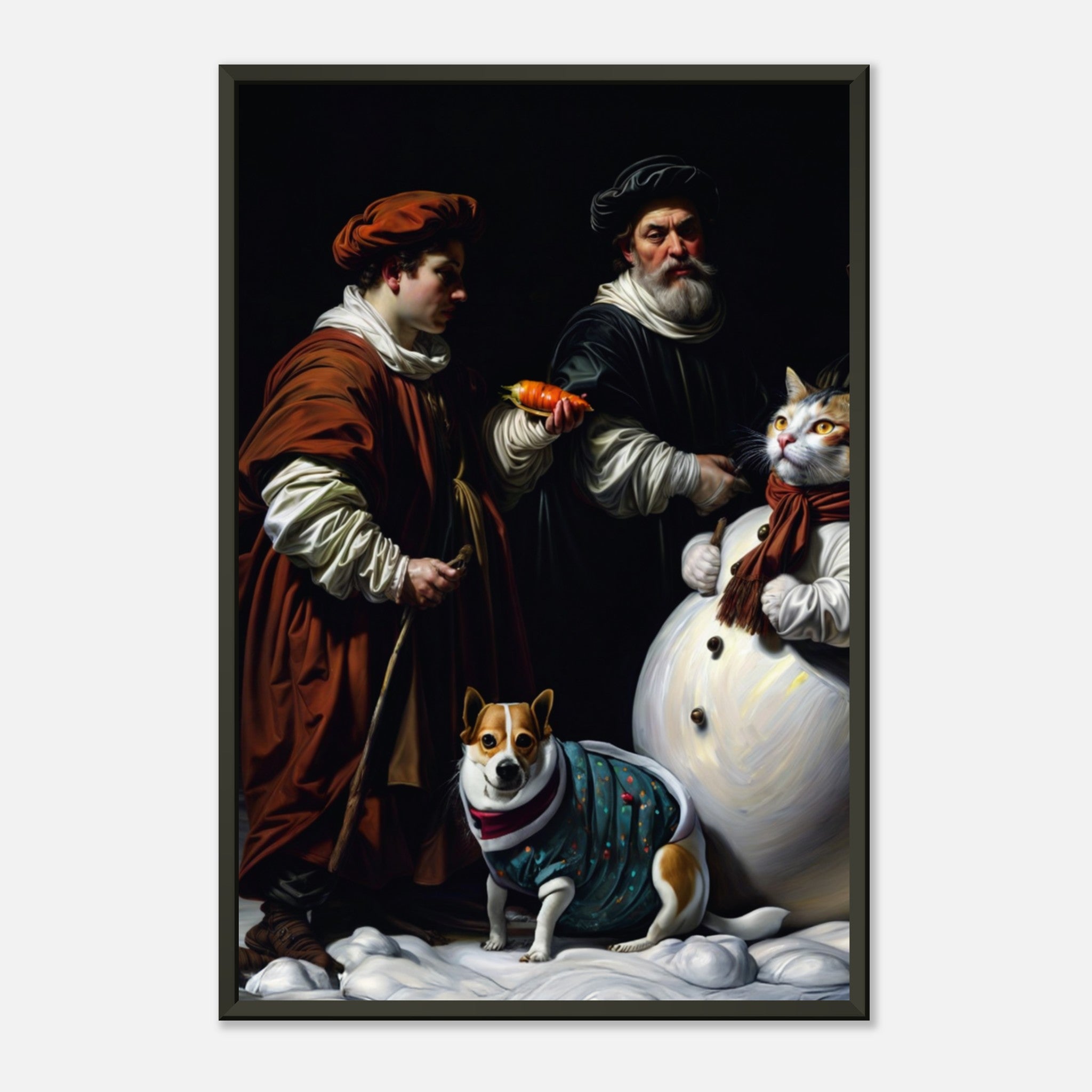 Chiaroscuro Noël – poster in aluminium lijst, productfoto, vooraanzicht, geïnspireerd op Caravaggio