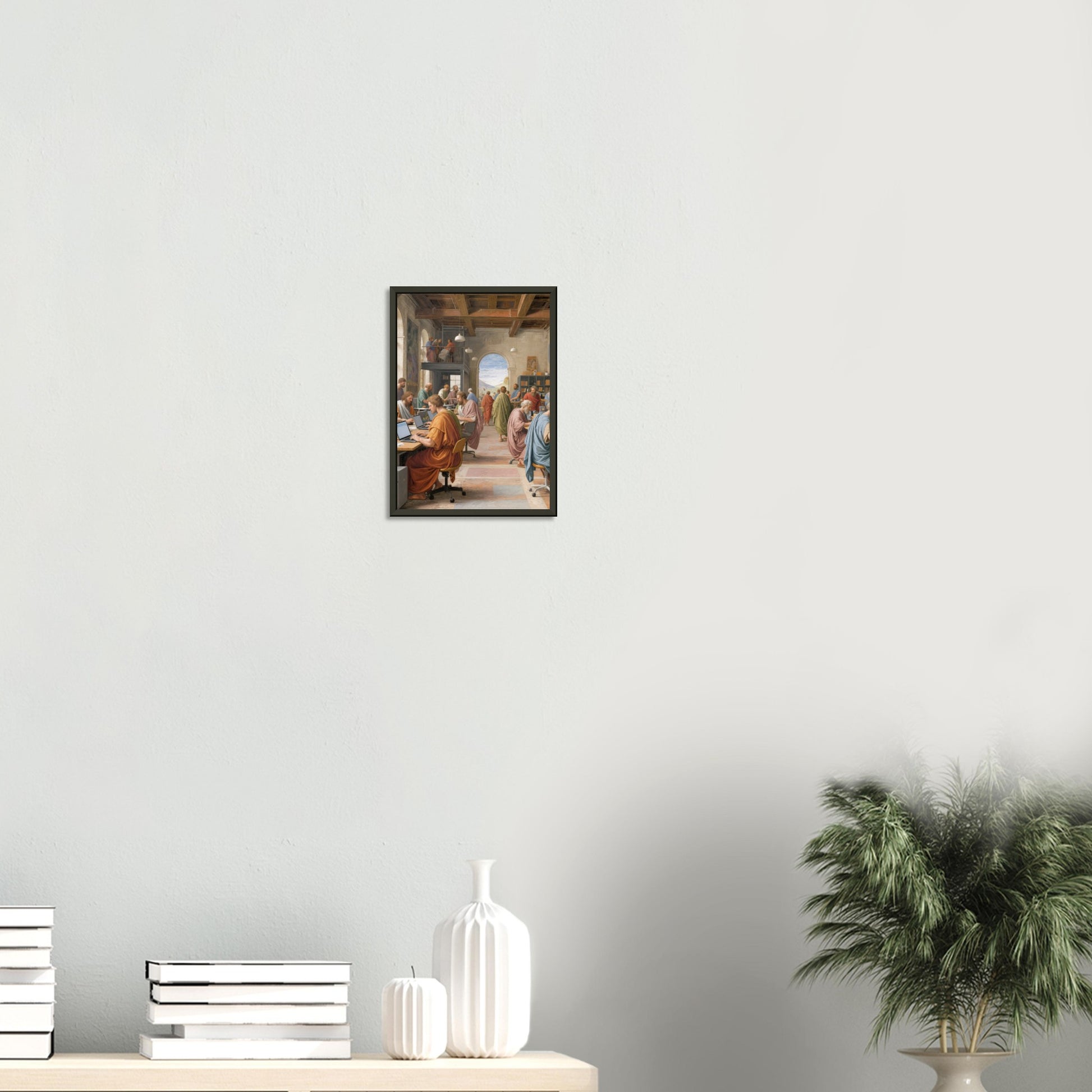 The Scholars’ Startup – poster in aluminium lijst boven een wit dressoir met planten
