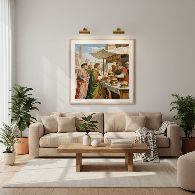 Framed artwork of a market scene with people and a cart selling hamburgers.