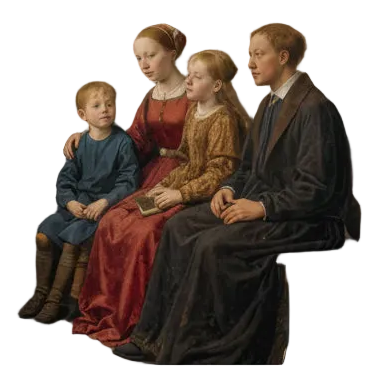 Framed artwork of a family in a gothic-style interior with modern elements.