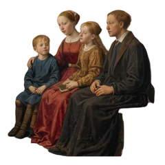 Framed artwork of a family in a gothic-style interior with modern elements.