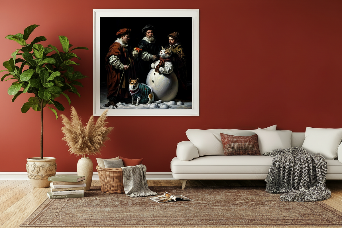 Living room with a white sofa, decorative pillows, and a framed painting on a red wall.