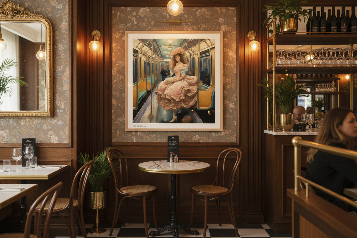 Framed artwork of a woman in a vintage dress on a subway train