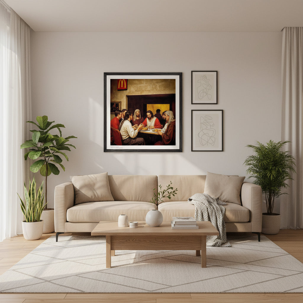 Reinterpretation of a classical painting with McDonald's logo in the background