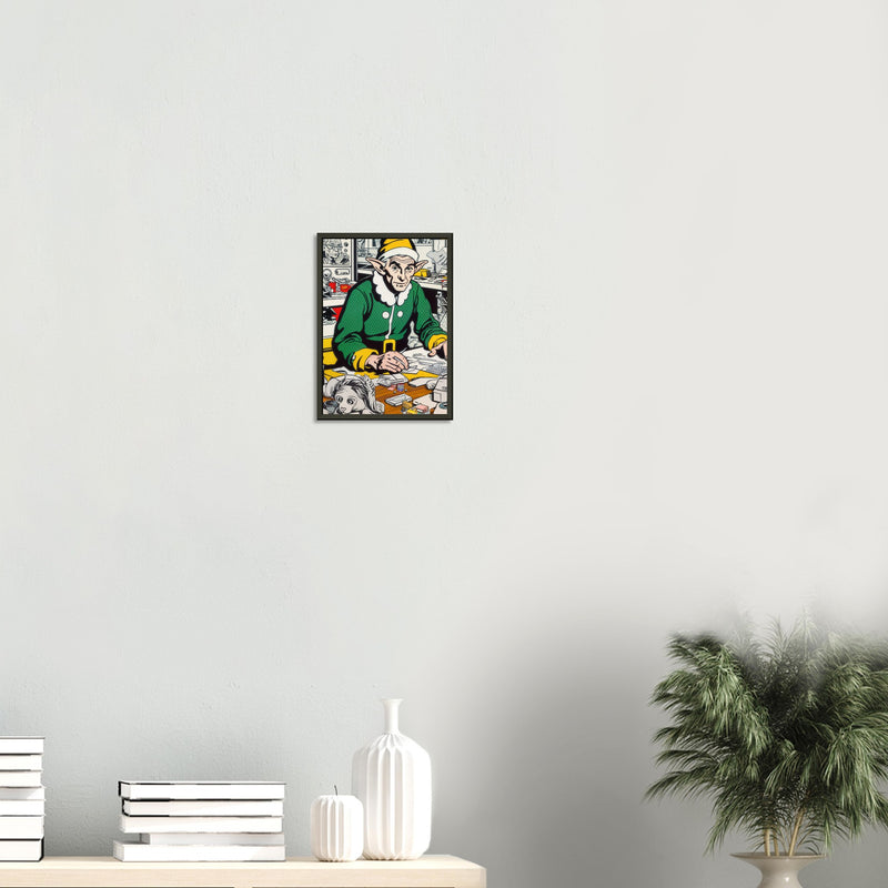 The Tired Elf – poster in aluminium lijst boven een wit dressoir met planten