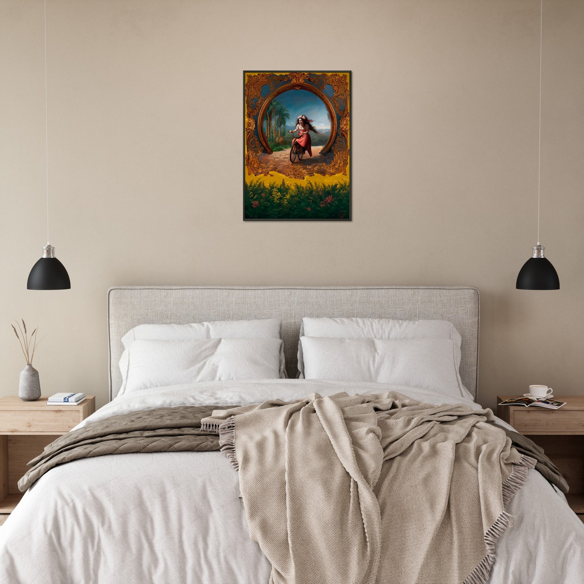 The Golden Ride – poster in aluminium lijst boven een bed in een slaapkamer