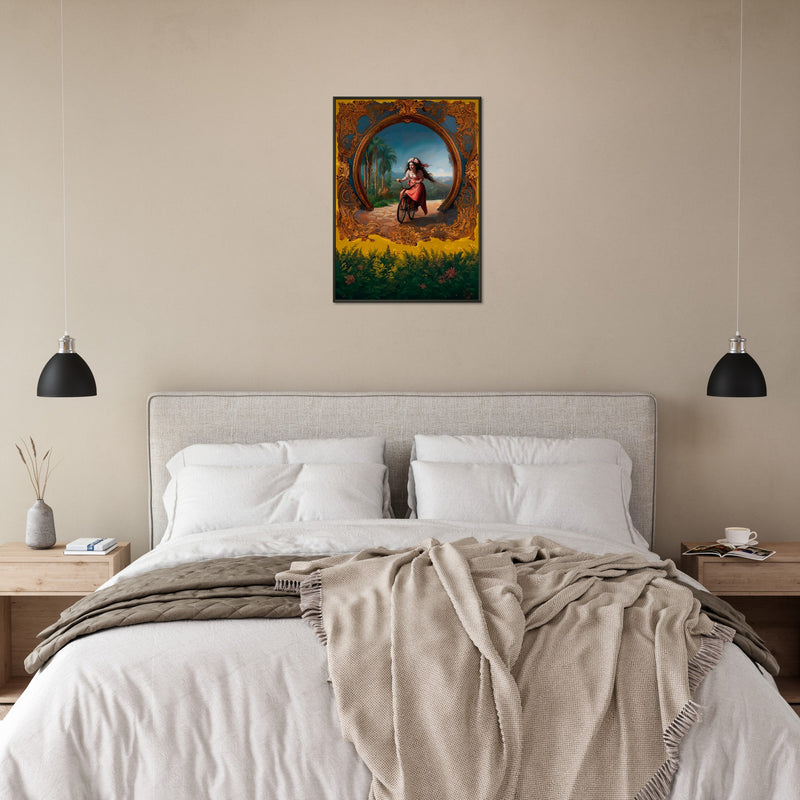 The Golden Ride – poster in aluminium lijst boven een bed in een slaapkamer
