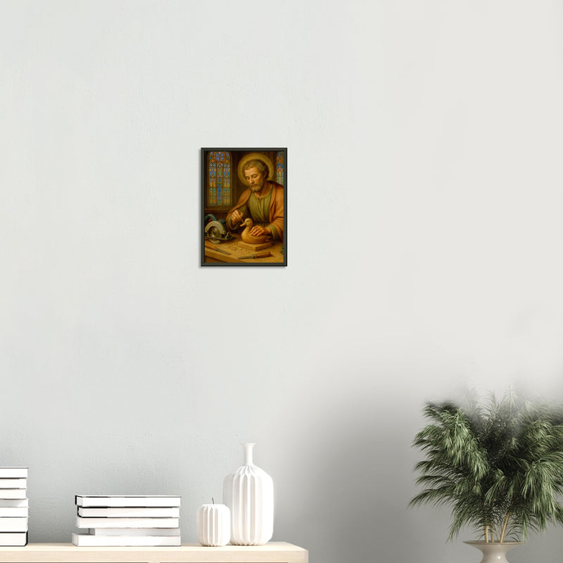 St. Joseph’s Duck – poster in aluminium lijst boven een wit dressoir met planten