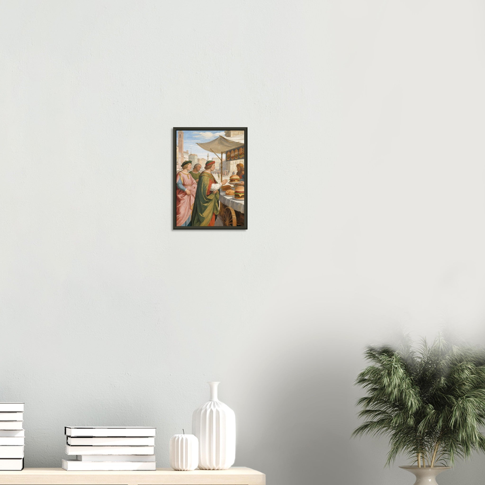 Burger Renaissance – poster in aluminium lijst boven een wit dressoir met planten