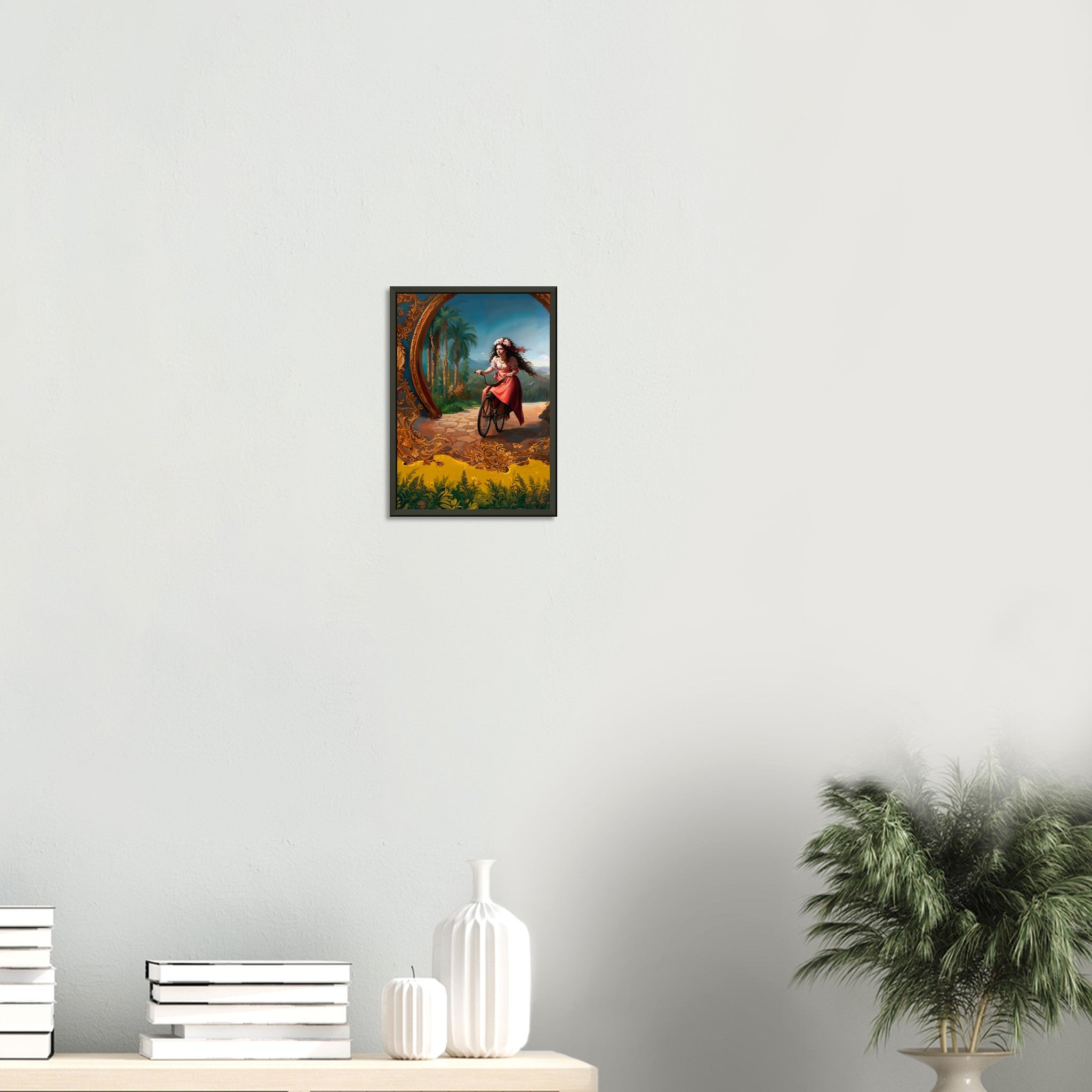 The Golden Ride – poster in aluminium lijst boven een wit dressoir met planten