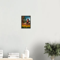 The Golden Ride – poster in aluminium lijst boven een wit dressoir met planten