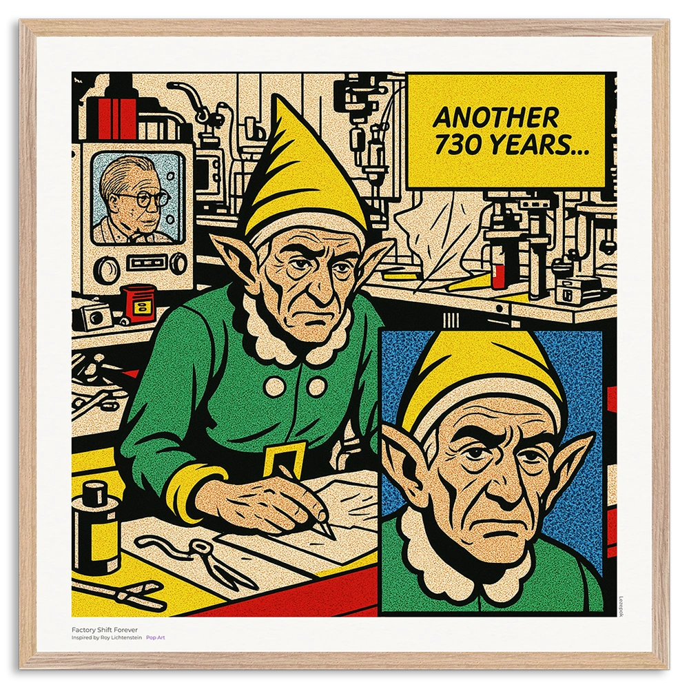 Illustration of an elf in a workshop with a humorous text overlay.