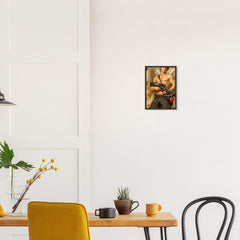 Cupid, Fully Loaded – poster in aluminium lijst boven een houten bureau met gele stoel